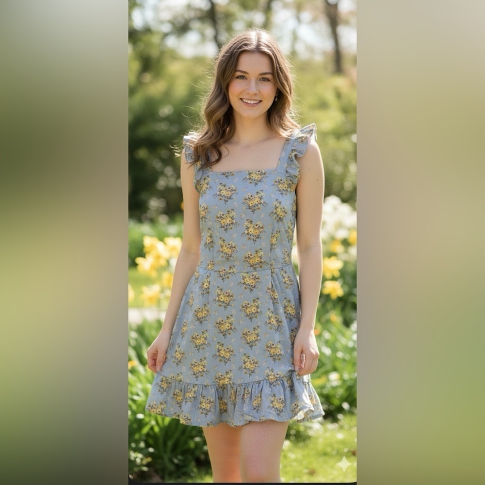 Floral Ruffle Dress in Blue and Yellow